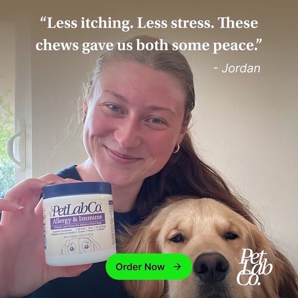 A square format creative featuring a customer and their dog, using a direct emotional testimonial to showcase the product's benefits.